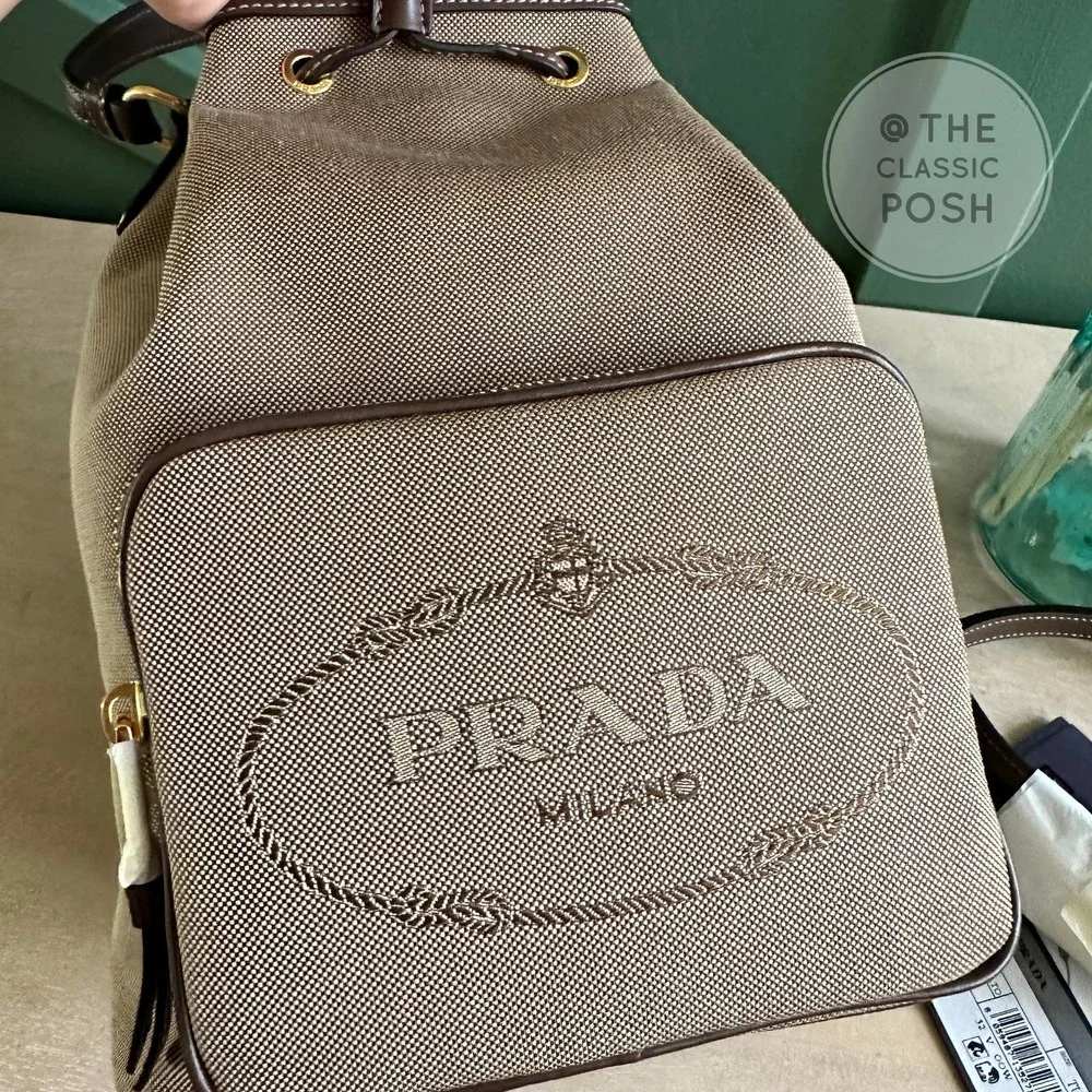 NEW Prada Jacquard Logo Bucket Brown Canvas Tote Small Crossbody Bag
